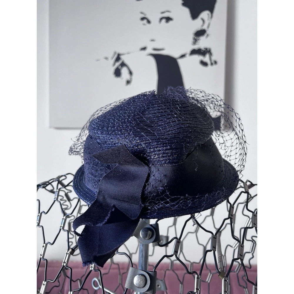 Vintage Navy Blue Straw Pillbox Hat with Birdcage Veil and Grosgrain Bow